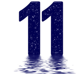 Numeral 11, eleven, star sky texture imitation, reflected on the water surface, isolated on white, 3d render