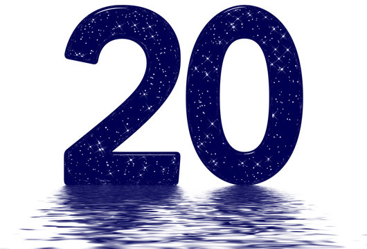 Numeral 20, twenty,  star sky texture imitation, reflected on the water surface, isolated on white, 3d render