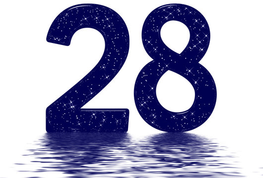 Numeral 28, twenty eight, star sky texture imitation, reflected on the water surface, isolated on white, 3d render