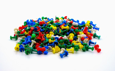 Set colorful push pins, thumbtack tools office isolated on white background.