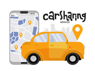 Fototapeta premium mobile phone with map and big city on background, car sharing service concept. Side view if yellow vehicle. Mobile app for renting car online. Vector flat cartoon illustration