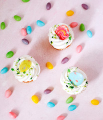 Fototapeta na wymiar Easter vanilla cupcakes on pink background, top view