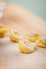 Frische, rohe Cappelletti Tortellini Pasta mit Mehl und Grieß in Porzellan Schale auf Holz Brett und Pastell Grün Hintergrund