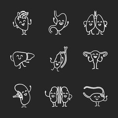 Smiling human internal organs characters chalk icons set