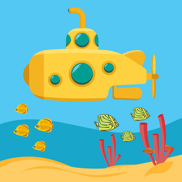Yellow submarine, Underwater marine wildlife. Expedition in the depths of the sea. Bathyscaphe with periscope. Flat cartoon vector illustration.