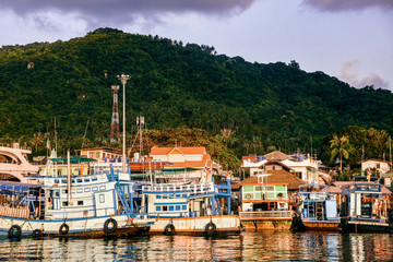 Fototapeta na wymiar Boats Along the Coastline of Koh Tao Island in Thailand