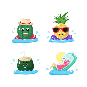 Summer, fruit and glass characters cartoon relaxing on pool, sign and symbol seasonal holiday vector