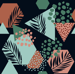 Abstract drawing in scandinavian style. Modern vector illustration with tropical leaves, grunge, marbling textures, doodles, minimal elements. Creative seamless pattern with hand drawn shapes 