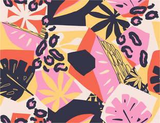Modern exotic jungle illustration pattern with leopards. Creative collage contemporary floral seamless pattern. Fashionable template for design.