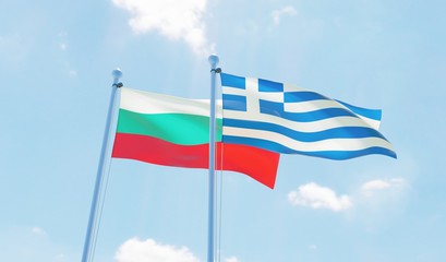 Greece and Bulgaria, two flags waving against blue sky. 3d image