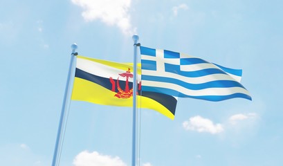 Greece and Brunei, two flags waving against blue sky. 3d image