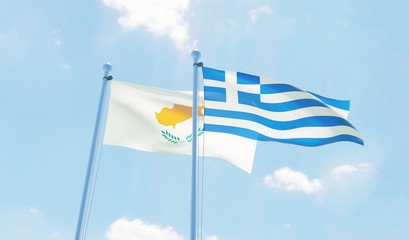Greece and Cyprus, two flags waving against blue sky. 3d image