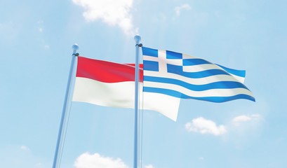 Fototapeta premium Greece and Indonesia, two flags waving against blue sky. 3d image