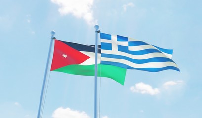 Greece and Jordan, two flags waving against blue sky. 3d image