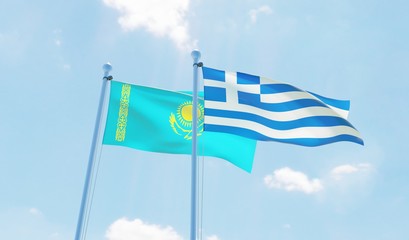 Greece and Kazakhstan, two flags waving against blue sky. 3d image