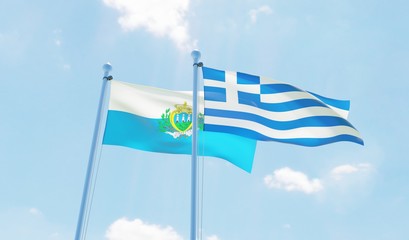 Greece and San Marino, two flags waving against blue sky. 3d image