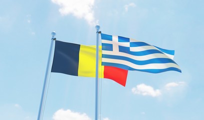 Greece and Belgium, two flags waving against blue sky. 3d image