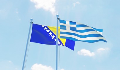 Greece and Bosnia and Hercegovina, two flags waving against blue sky. 3d image