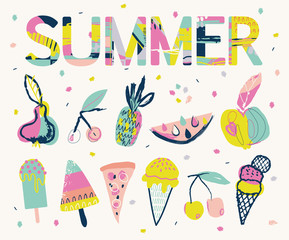 Summer lettering and elements set. Hand drawn illustrations. Summer Typographic. Vector illustration.