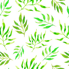 Green watercolor leaves on white background. Seamless pattern