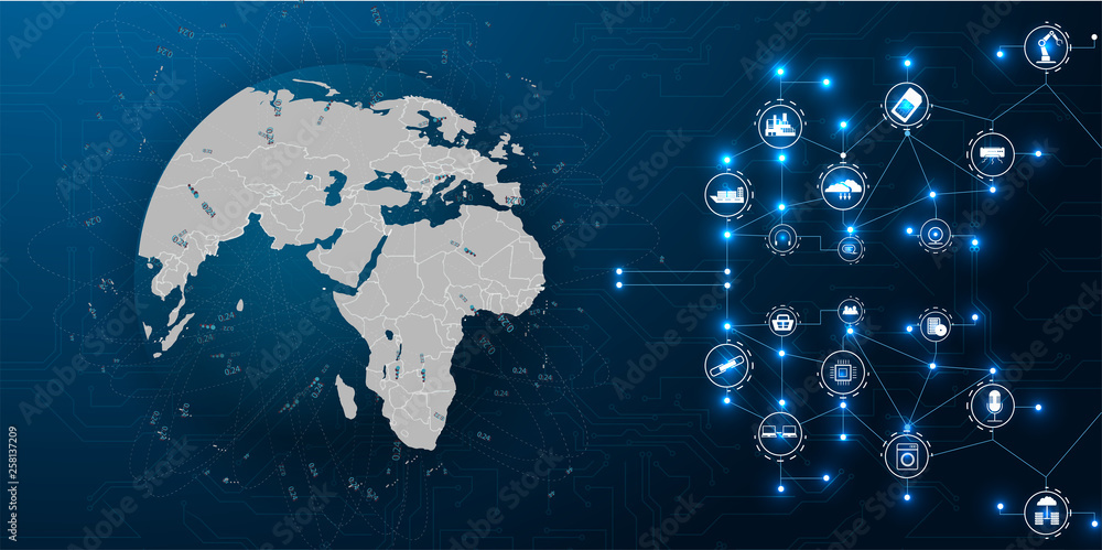 Poster internet of things (iot) and networking concept for connected devices. spider web of network connect