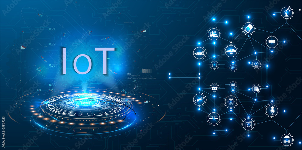 Poster internet of things (iot) and networking concept for connected devices. spider web of network connect
