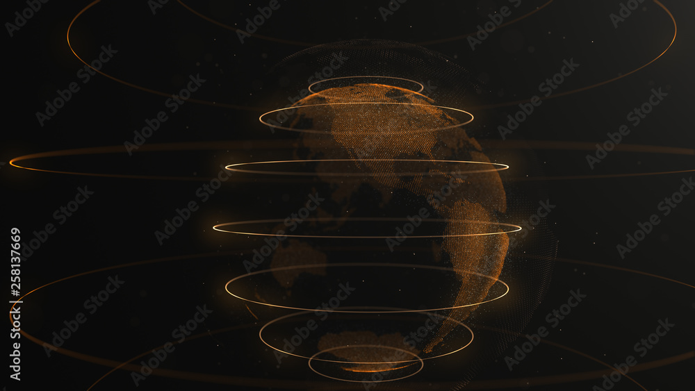 Poster abstract particle. golden, orange planet inside the veilted loop, created of dots. total black dackd