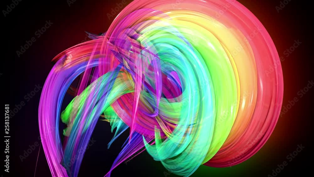 Poster 4k colorful looped animation of a rainbow colors tape with neon light moving in a circle as abstract