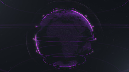 Abstract sphere. Connected violet dots with lines. Globalization interface. Dots accumulation. Close up photo.