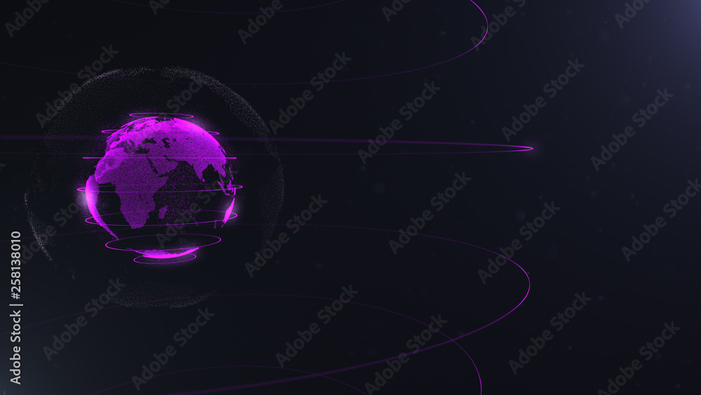 Poster abstract particle. violet planet inside the white veilted one, created of dots. total black dackdrop