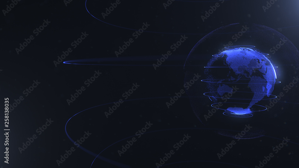 Poster abstract sphere. connected navy blue dots with lines. globalization interface. planet is situated on