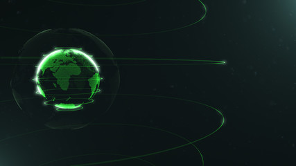 Futuristic sphere of dots. Globalization interface. Sense of science and technology abstract graphics. 3D rendering. Green loops around sphere.