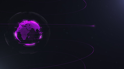 Abstract particle. Violet planet inside the white veilted one, created of dots. Total black dackdrop. Little white dots on the background. Sphere. Planet is situated on the left side.