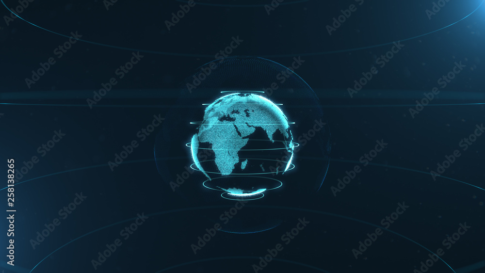 Poster abstract sphere. connected azure blue dots with lines. globalization interface. planet is situated o