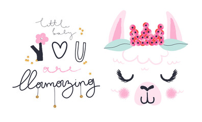 Llama handdrawn vector illustration. Slogan for t shirt. Modern beautiful print for kids. Creative funny typography slogan design.