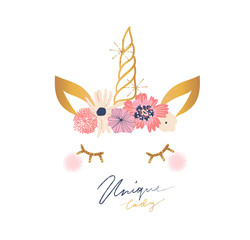 Cartoon unicorn head with flowers vector illustration. Girl slogan for t shirt. Modern beautiful print for girls. Creative typography slogan design. Sign 