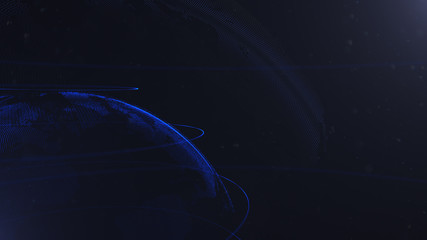 Obraz premium Abstract sphere. Connected navy blue dots with lines. Globalization interface. Crop photo. Planet is situated on the left corner.