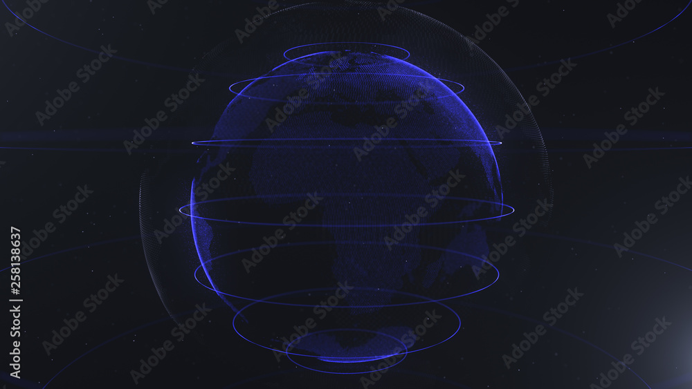 Poster abstract sphere. connected navy blue dots with lines. globalization interface. planet is situated on