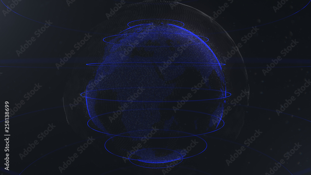 Poster abstract sphere. connected navy blue dots with lines. globalization interface. planet is situated on
