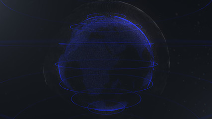 Abstract sphere. Connected navy blue dots with lines. Globalization interface. Planet is situated on the centre. Close up.