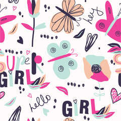 Seamless childish pattern. Vector illustration. Colorful floral pattern for girls. Fashionable template for design.