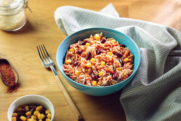 Rice with soy mincemeat, corn and red beans