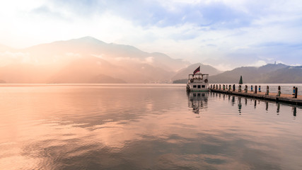Fototapeta na wymiar Sun Moon Lake, Nantou, Taiwan, Landscape View of Sun Moon Lake at morning.