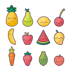 pineapple with set of fruits kawaii character