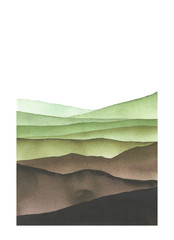 Abstract watercolor painting. Colourful green mountains on white background