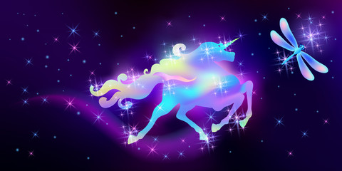 Obraz na płótnie Canvas Dragonfly and galloping iridescent unicorn with luxurious winding mane against the background of the fantasy universe with sparkling stars