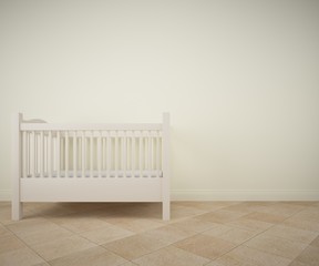 Baby room with white crib and ceramic tile flooring. Rendering made using free software Blender 