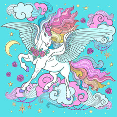 Obraz na płótnie Canvas Cute rainbow unicorn among the clouds, stars, roses nv blue background. For design prints, posters and so on. Vector