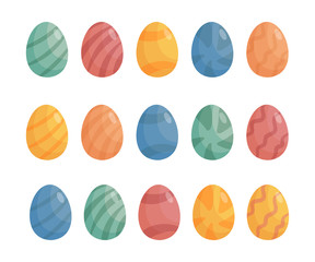 Happy Easter set of egg designs on white background. Cartoon volume egg shapes decorated with texture, stripes and spots. Red, green, yellow, blue and orange bright colors. Vector illustration.