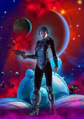 Fototapeta premium futuristic warrior woman armed with gun, planets, nebula and stars, 3d illustration